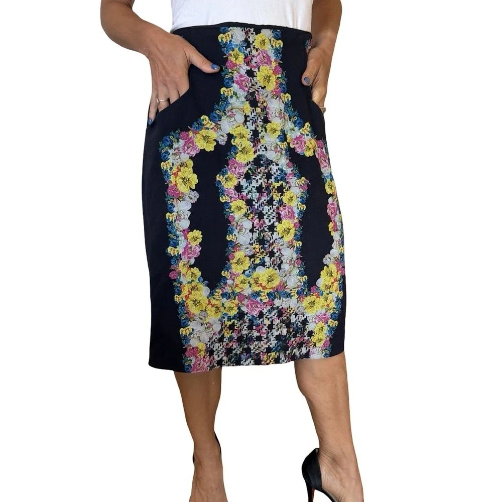 Erdem Skirt Women's 12 Pencil Silk Black Floral Digital Whimsical Dark Romance